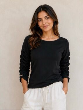 Michael Kors Black Ruched Sleeve Stretch Top Women’s Medium